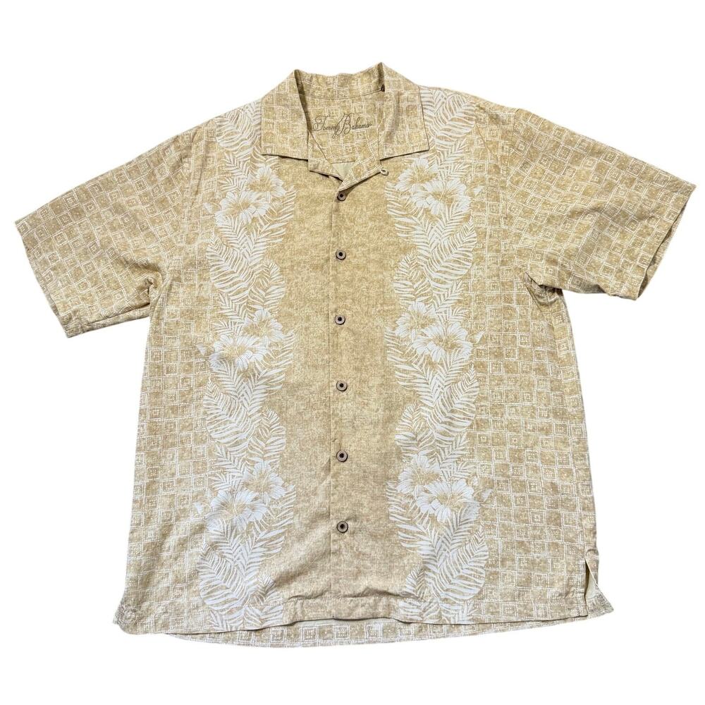 Tommy Bahama Men's XL 100% Silk Hawaiian Camp Shirt Tan Floral Tropical Aloha